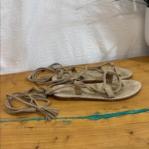 By James Genuine Leather Beige Strap Flat Sandals gladiator wrap